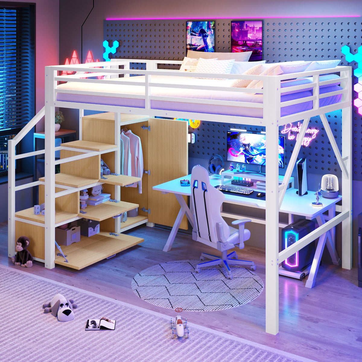 Loft Bed 140x200cm with Storage & Wardrobe in White Metal