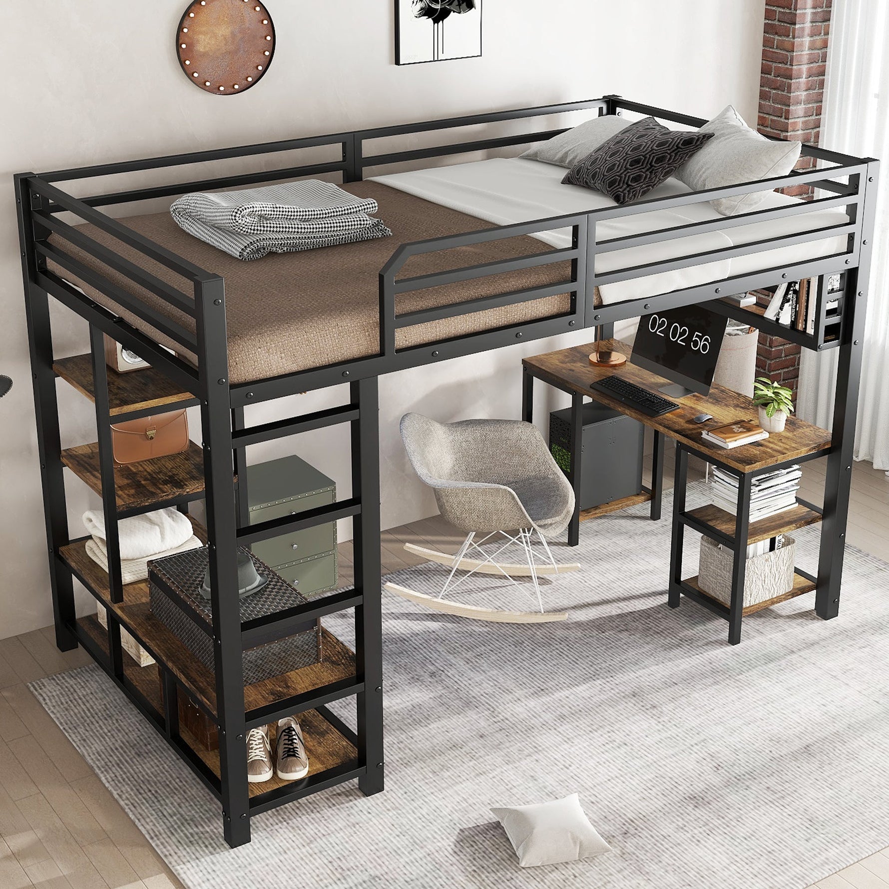 Loft Bed with Desk, Storage, Sturdy Slats, 4-Step Ladder, 120x200cm, Iron + Chipboard Black/Dark