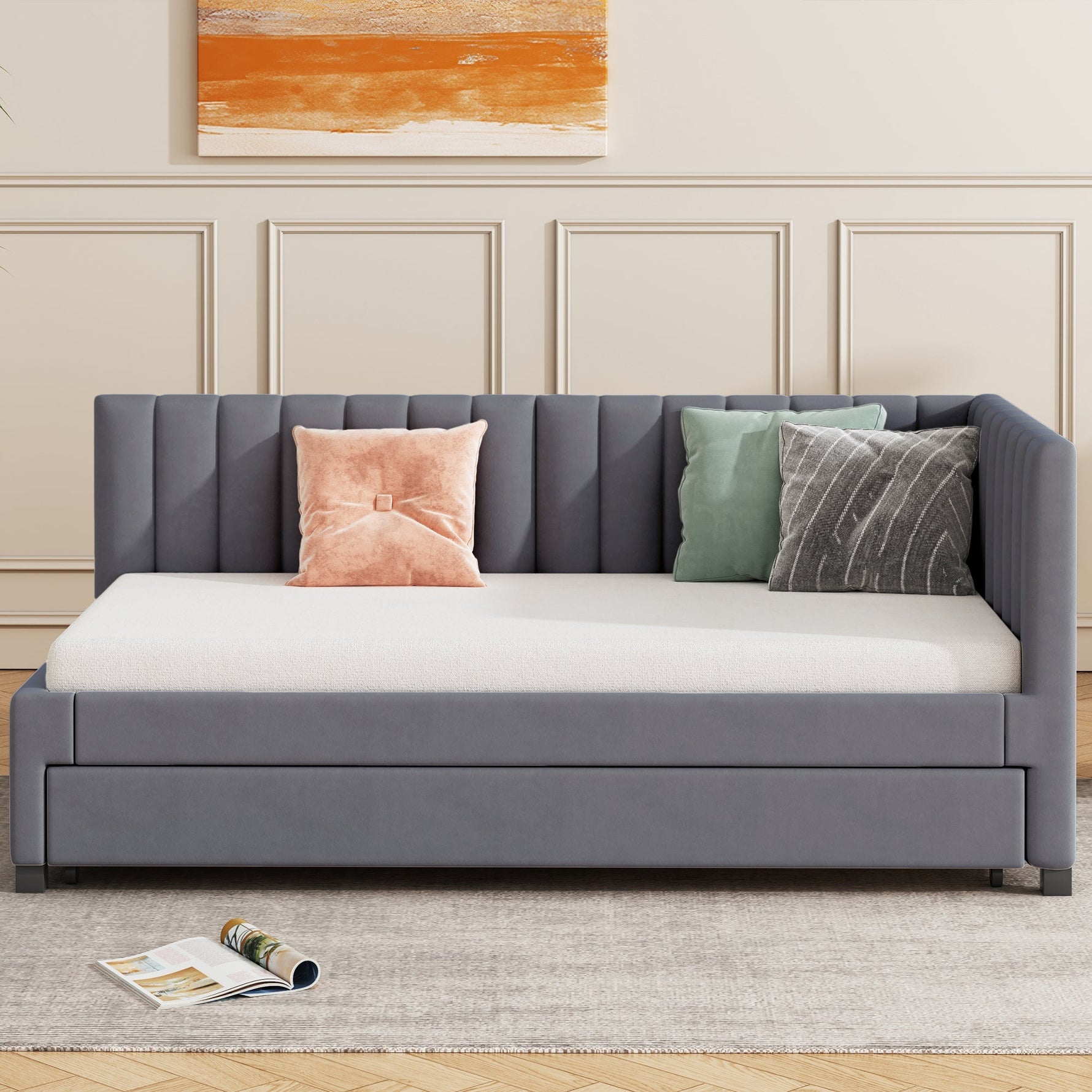 Upholstered Bed 90x200, Pull-Out Multifunctional Sofa Bed with Slatted Frame, Velvet Fabric Gray
