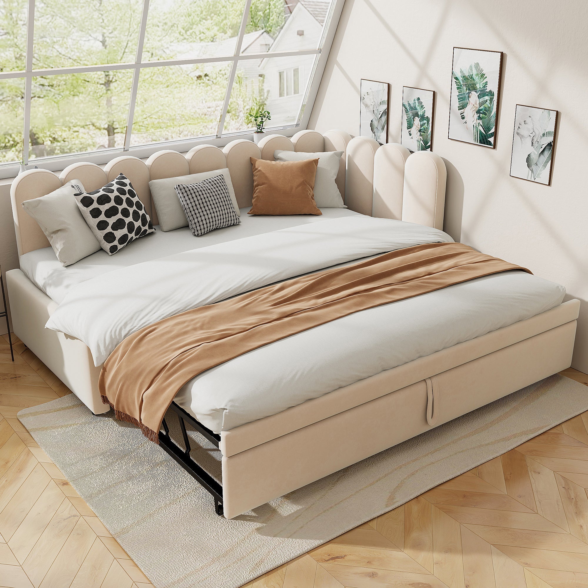 2-in-1 Sleeper Sofa L-Shaped Multifunctional Bed 90/180x200cm Velvet Beige