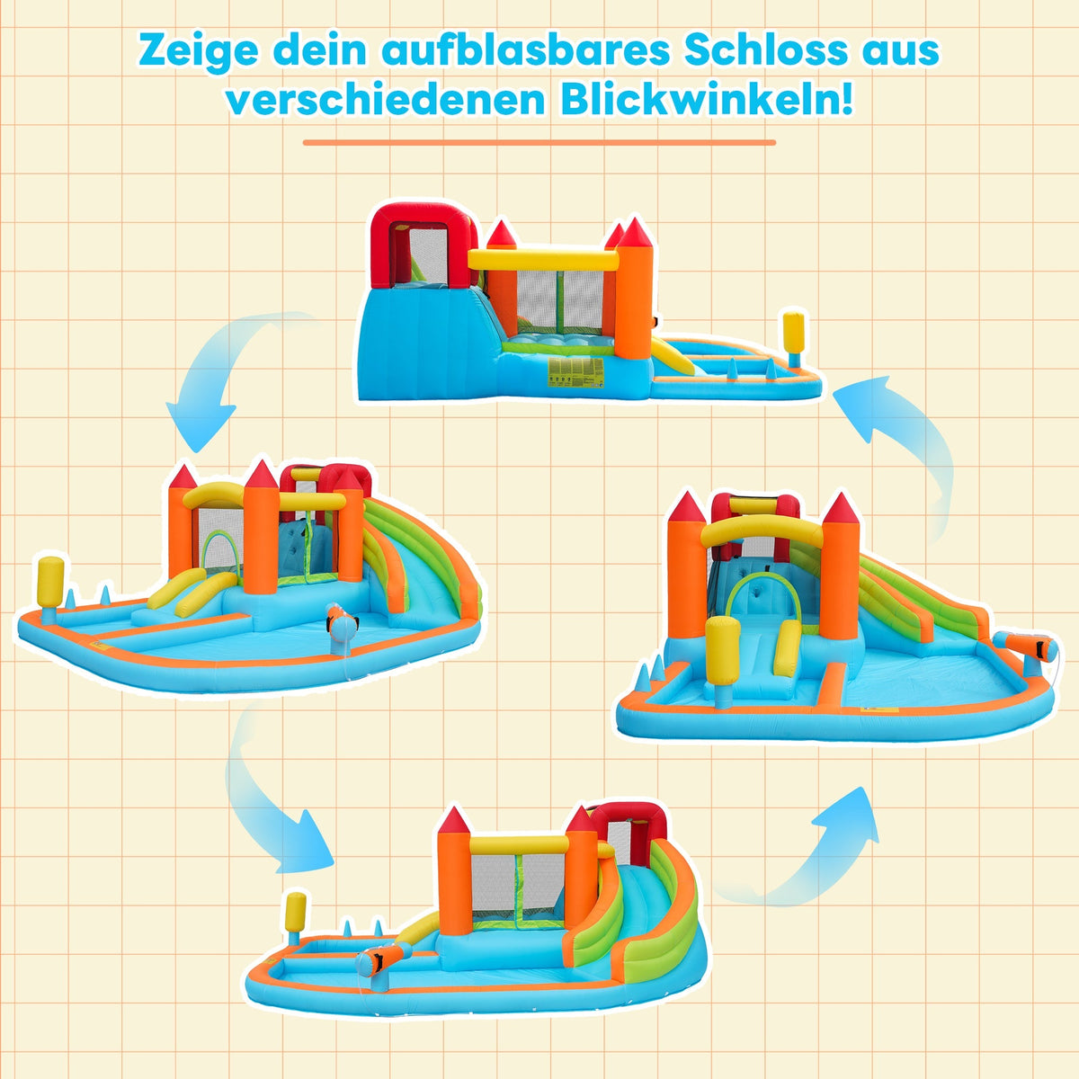 Multifunctional Outdoor Bouncy Castle with Blower, Water Slide, Trampoline, Basketball Hoop, Water Gun, 2 Pool Areas, 1 Large and 1 Small Slide