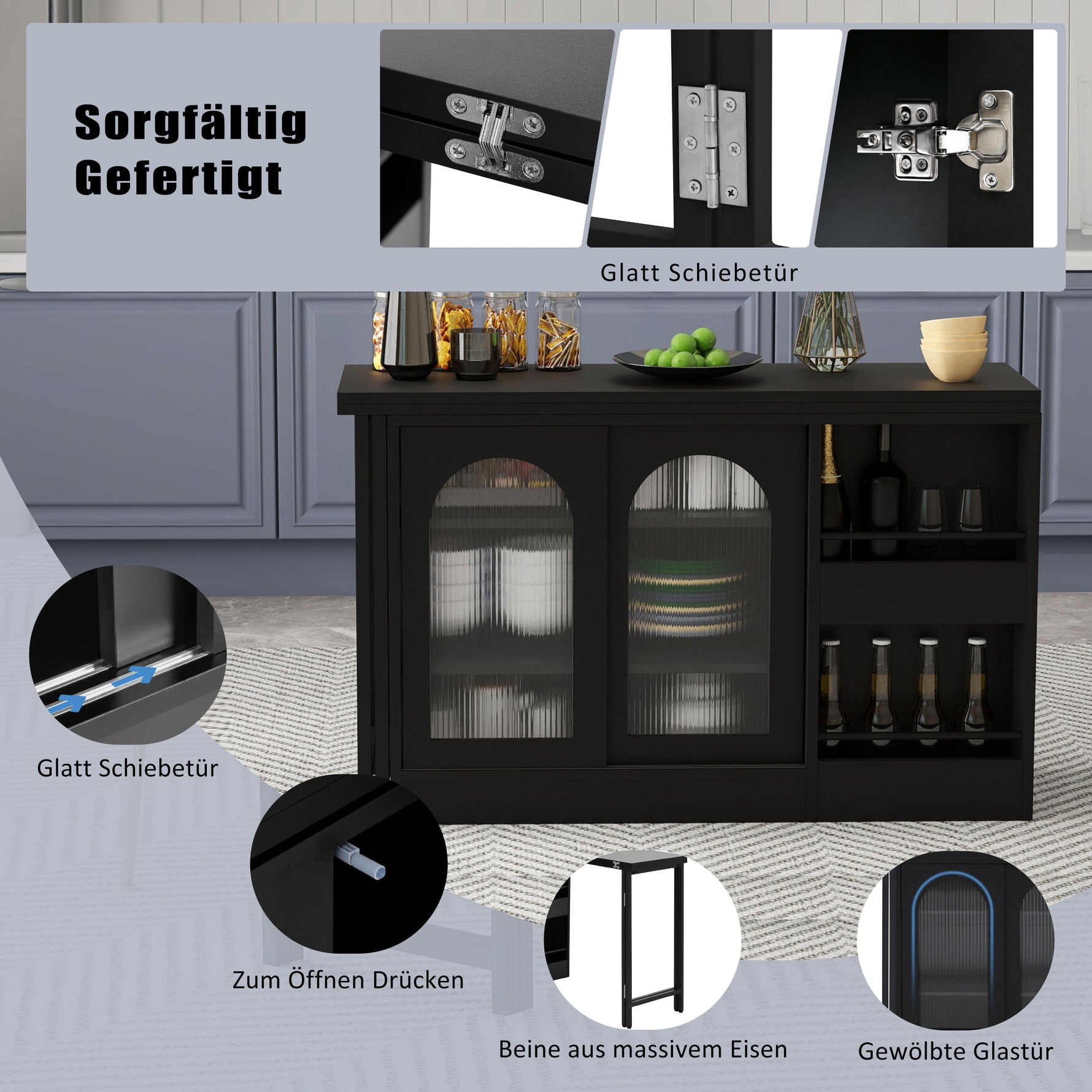 Bar Table, Extendable 360° Rotating with Storage & Glass Cabinet, Black