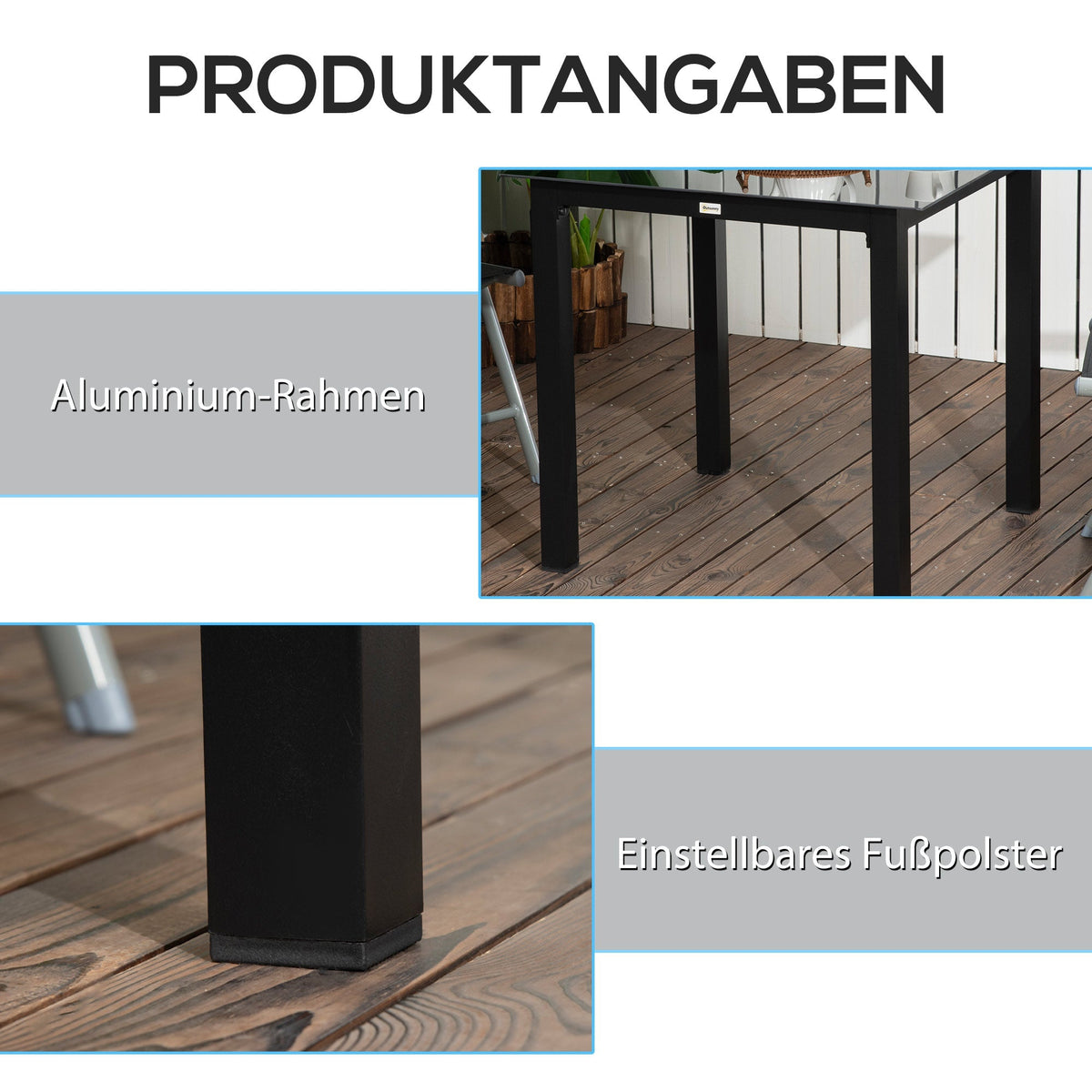 Square Garden Table 80x80cm, 4-Person Tempered Glass Top, Black Aluminum
