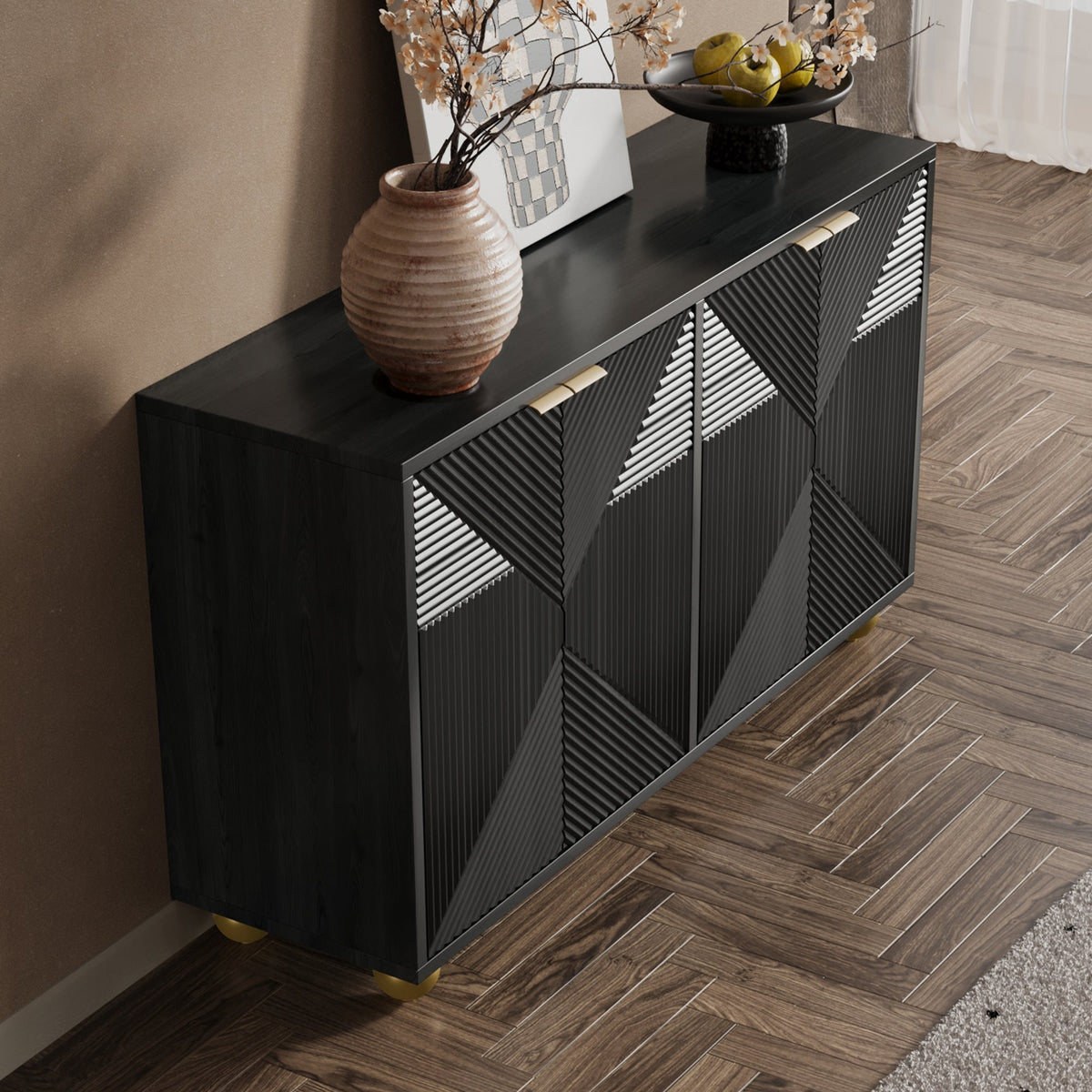 Sideboard with Four Molded Doors and Adjustable Shelves, Metal Handles and Ball-Shaped Legs