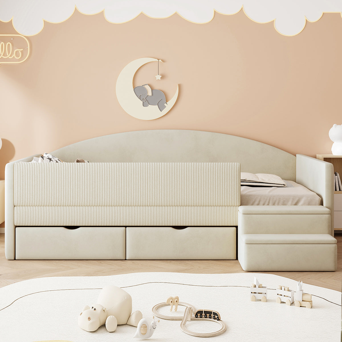 Upholstered Sofa Bed 90x190cm with 2 Drawers, Beige Velvet