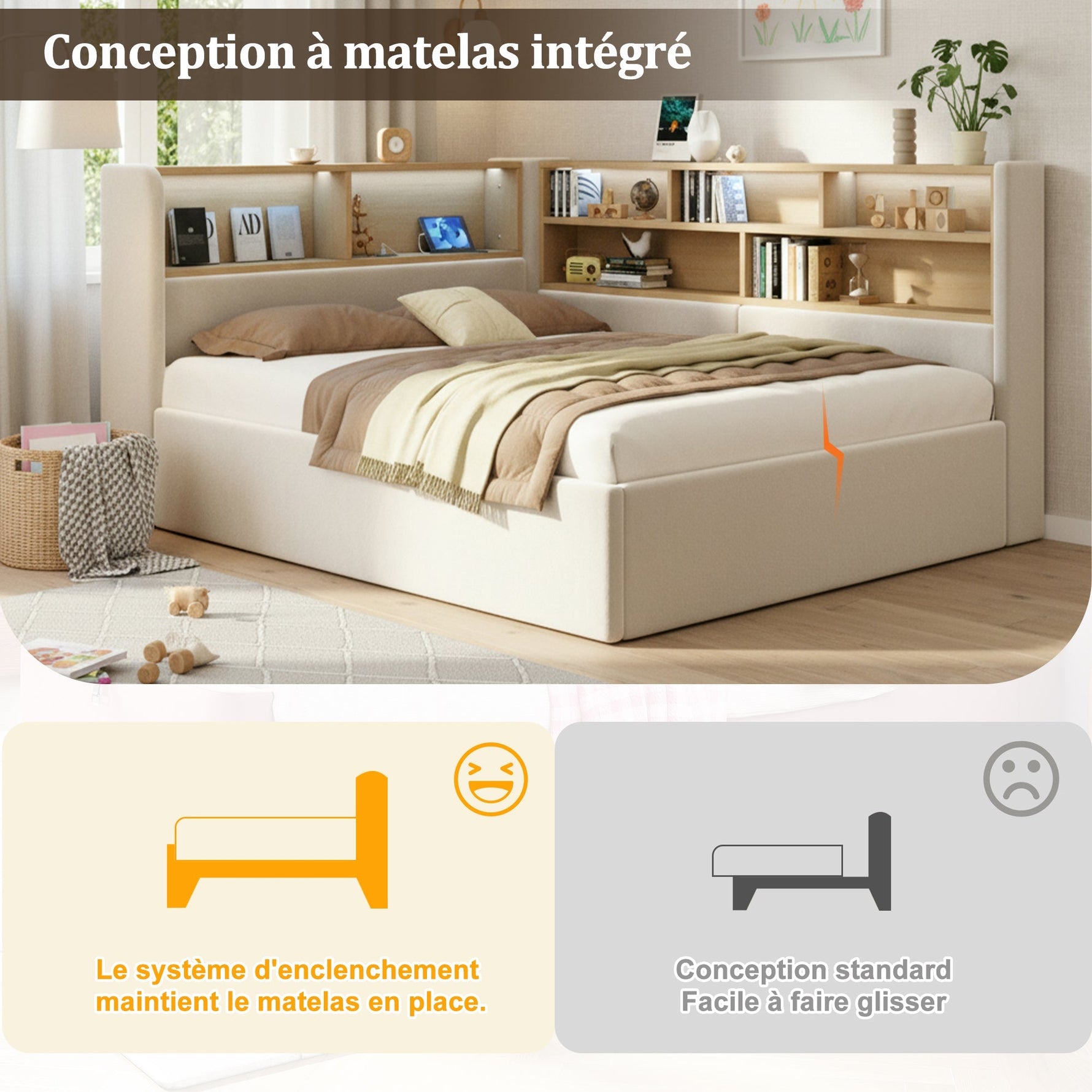 Daybed with Hydraulic Storage, LED, USB and Backrest, 140x190cm, Beige Velvet
