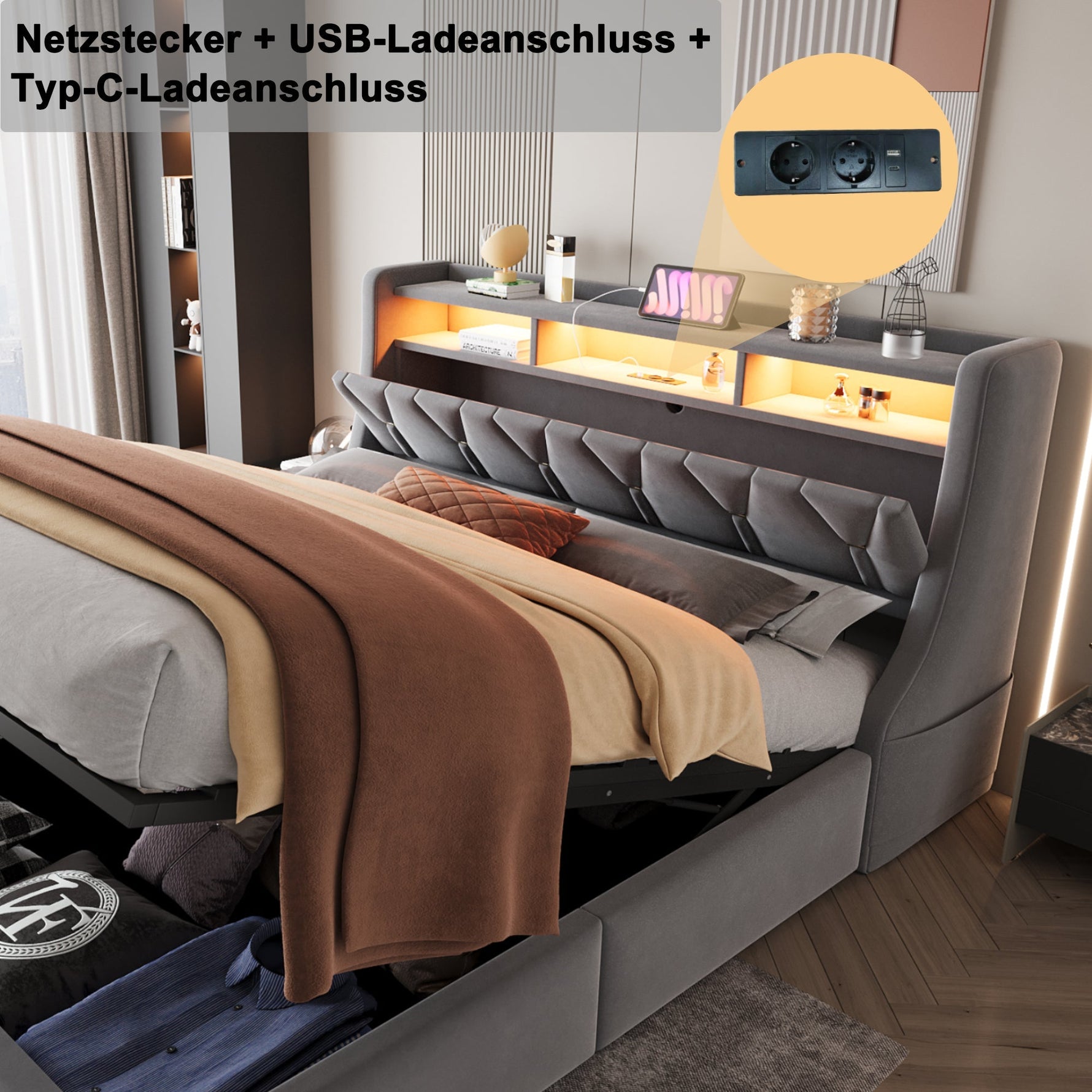 Upholstered Bed 180 x 200 cm with Hydraulic Storage and LED Lighting, Grey Velvet