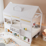 Loft Bed with House-Shaped Design, Bookshelf and Slatted Base, 90x200cm, White Pine + MDF