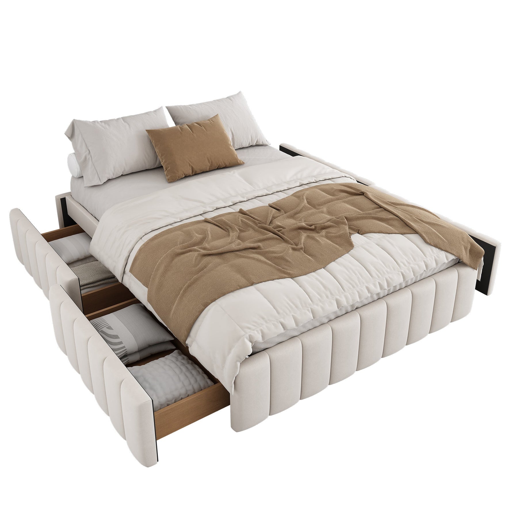 Upholstered Bed 140x200cm with Slatted Base and 4 Storage Drawers, Beige Velvet