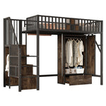 Metal Loft Bed 90x200cm Wardrobe Drawers Storage Ladder - Black