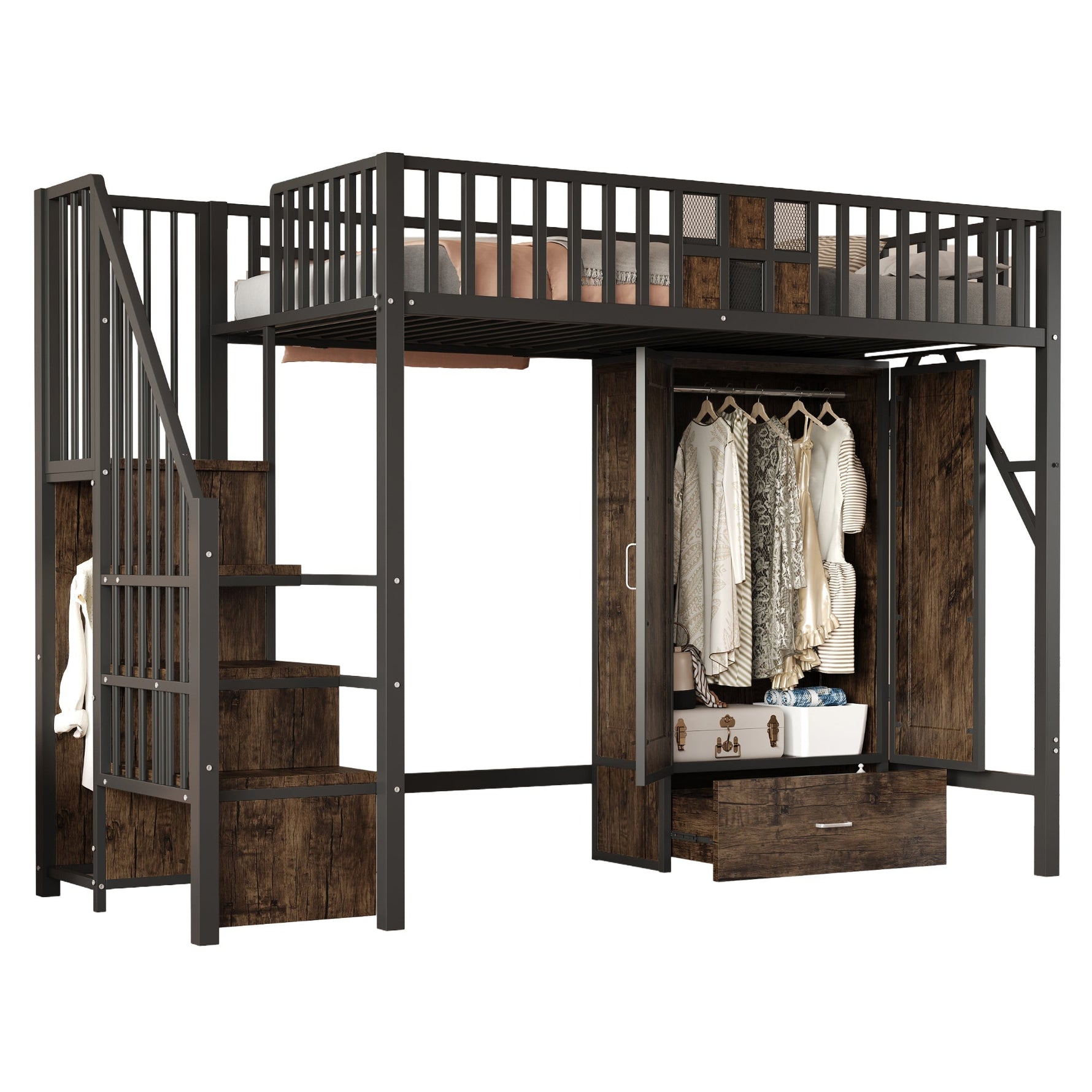 Metal Loft Bed 90x200cm Wardrobe Drawers Storage Ladder - Black