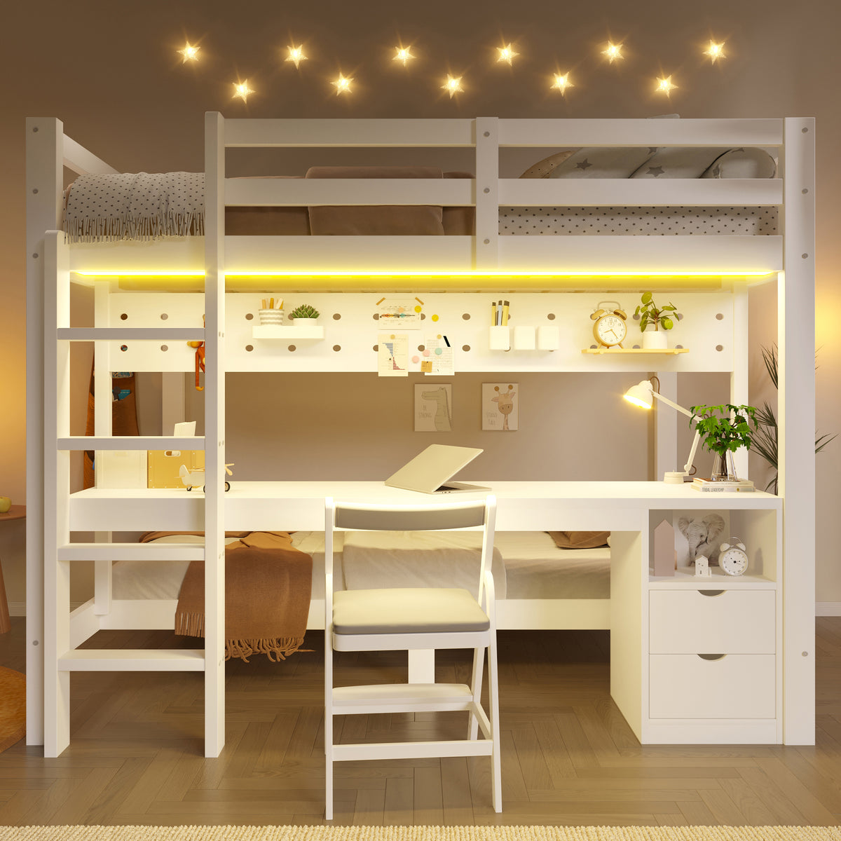 Loft Bed with Desk and Drawers, 90x200 & 140x200 cm, Pine Wood