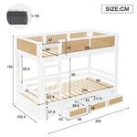 Children's Bunk Bed with 3 Drawers & Rattan Railing, White Pine Wood