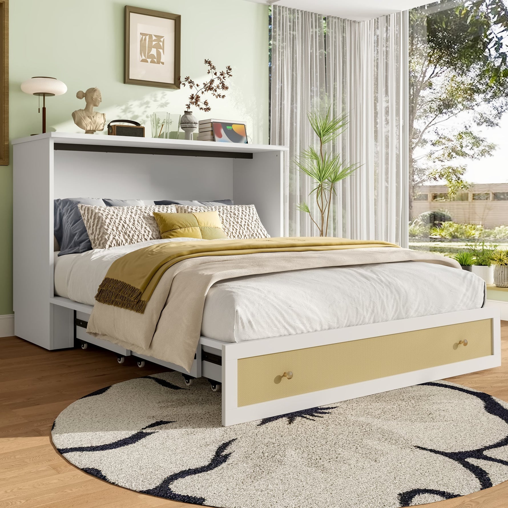 Mobile Wall Bed 140x200 Convertible Storage Drawers Shelf USB/Power Outlet - White