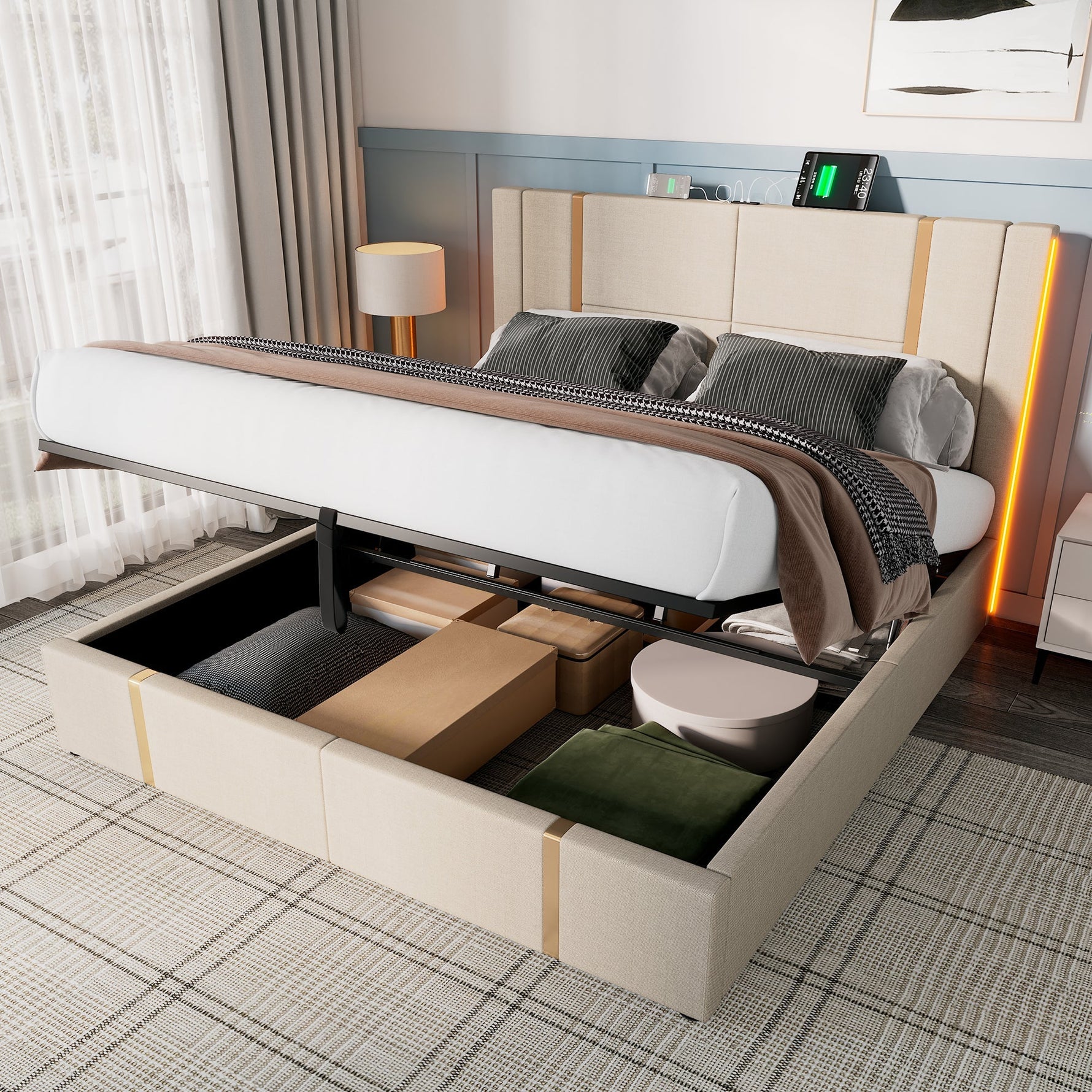 Upholstered Double Bed, USB C, APP Control, LED, Storage, Beige Linen