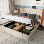 Upholstered Double Bed, 140x200 LED USB-C Storage, Beige Linen