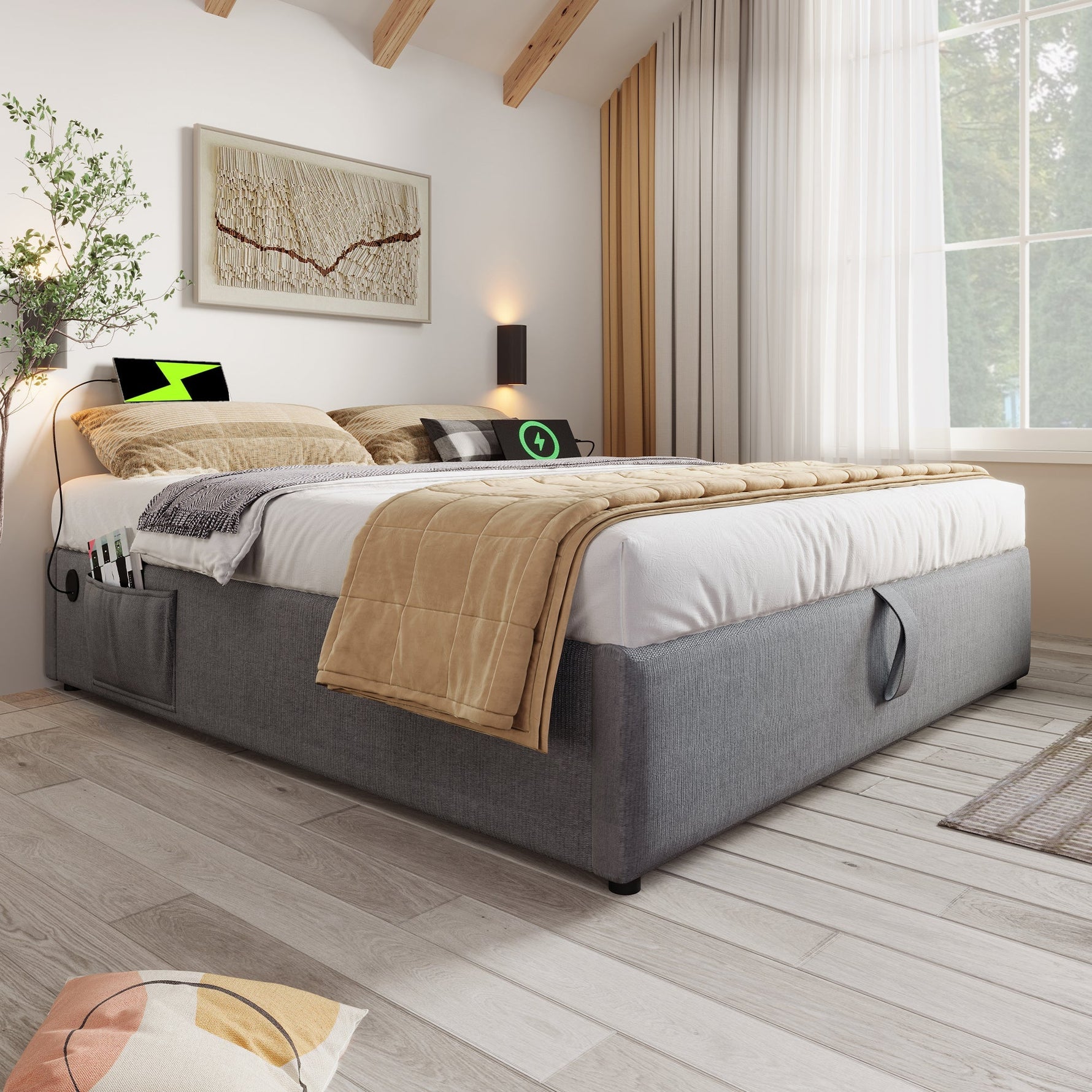 Upholstered Double Bed with Storage, USB-C and Full Slatted Base, 160x200cm, Grey Cotton