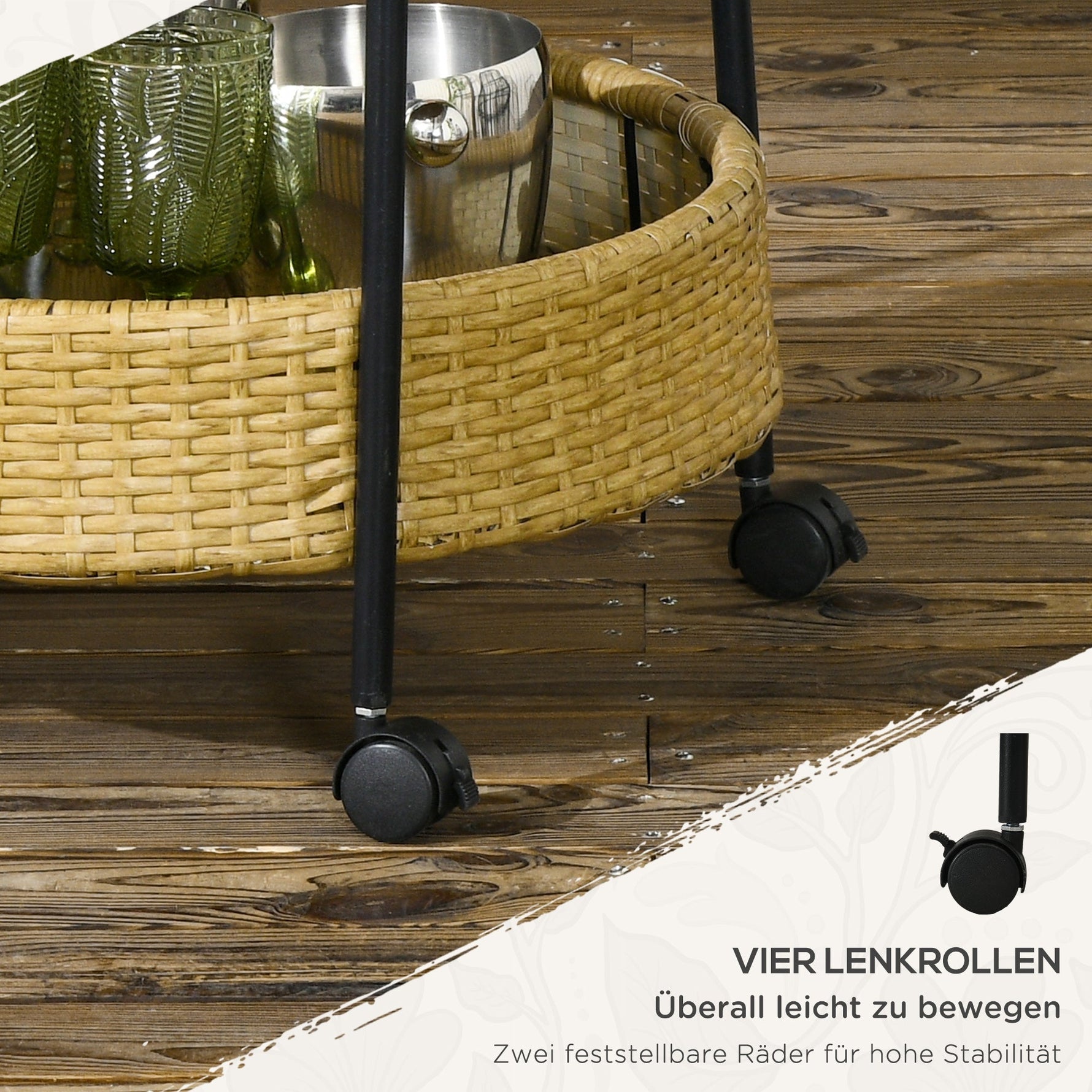 Serving Cart, 2 Shelves, Rattan, Natural