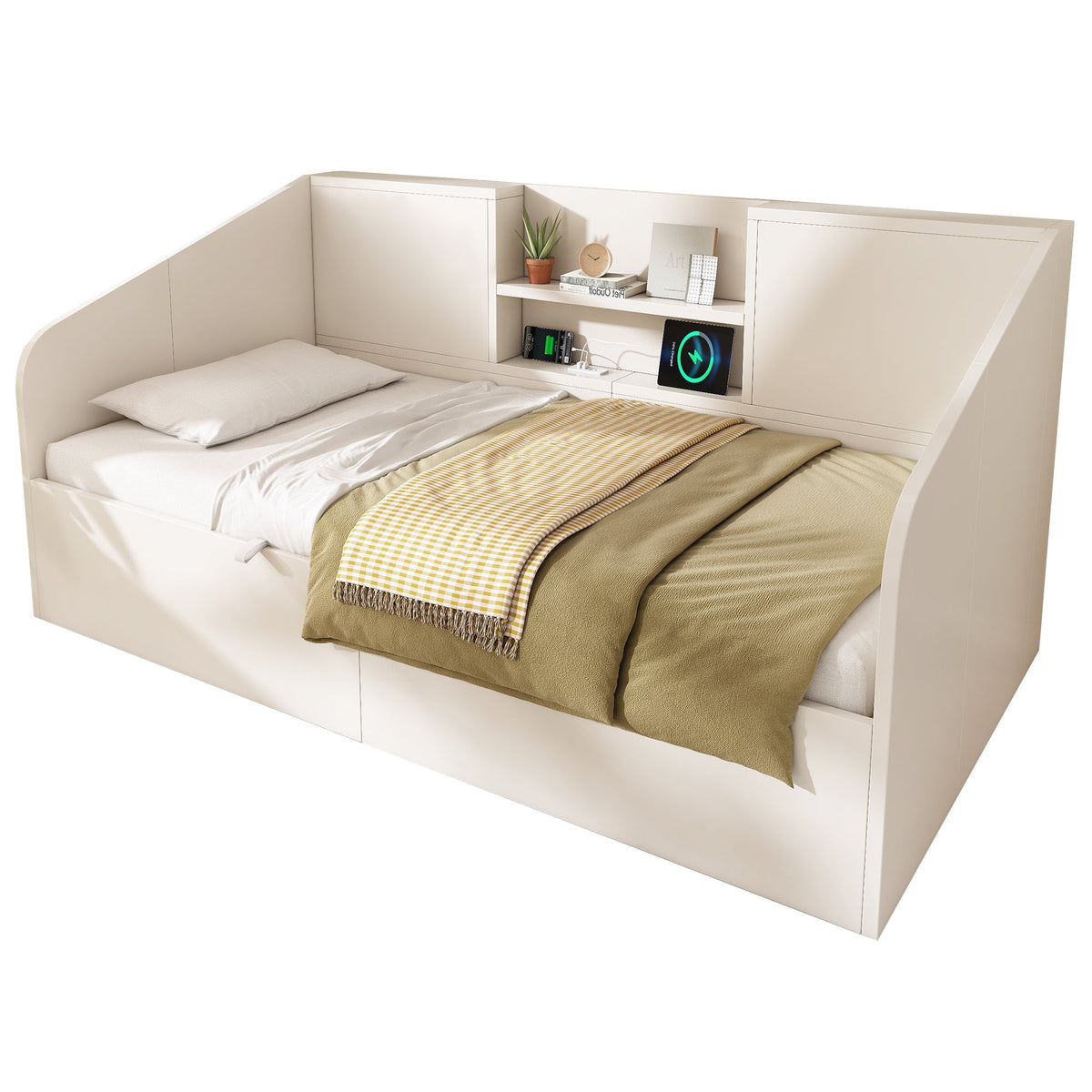 Hydraulic Daybed 90x190cm Storage USB/Type-C Charging 2 Shelves - White Wood