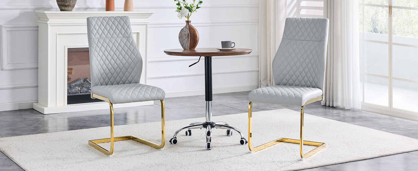 Dining Chair Set of 2, High Backrest and Gold Metal Frame, Light Grey PU Leather