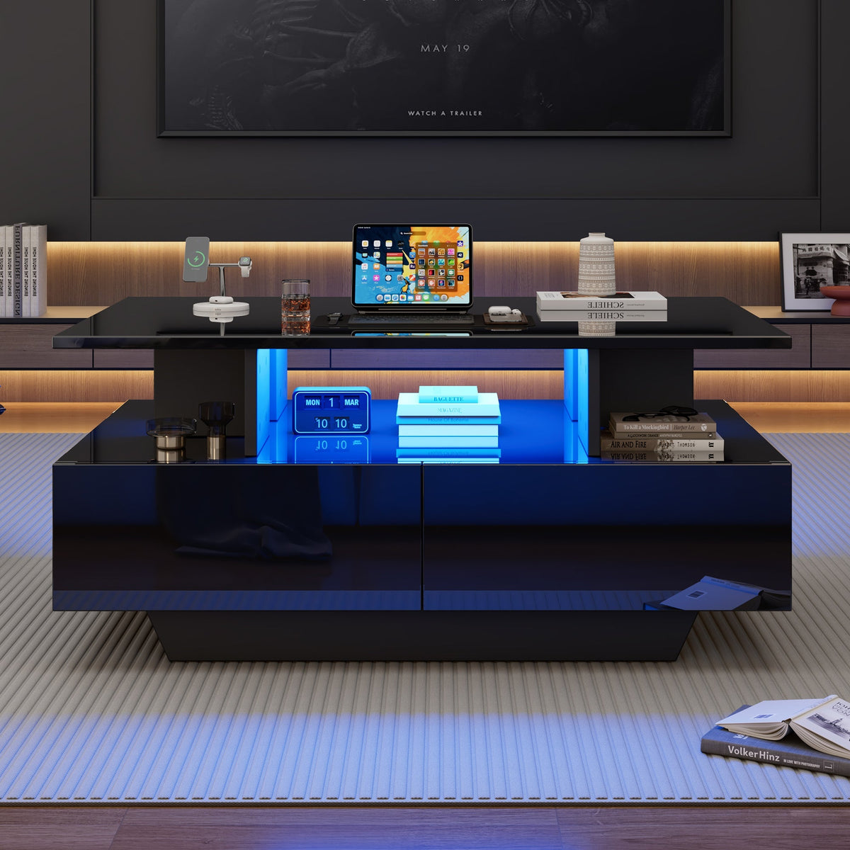 Coffee Table, Modern High-Gloss with LED & 2 Drawers, White