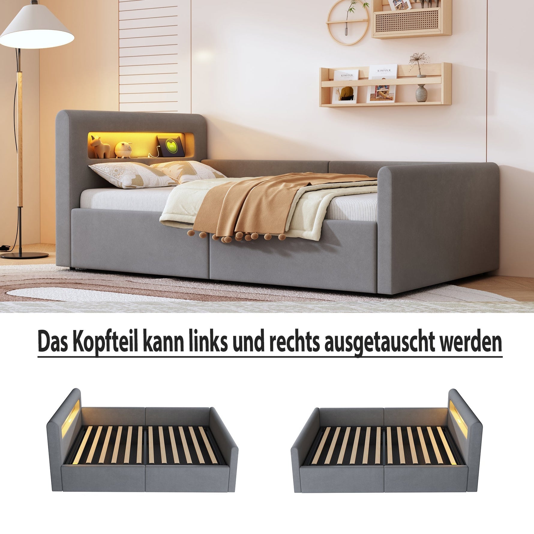 Upholstered Children's Bed 90x200cm LED USB Hydraulic Storage, Light Grey Velvet
