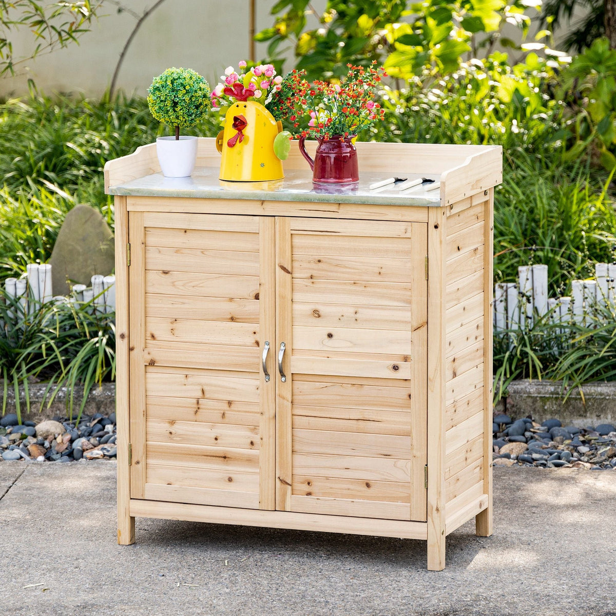Garden Cabinet Potting Table Tool Shed 2 Shelves, Natural Wood