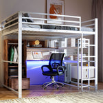 Loft Bed 140x200cm with LED Lights Desk Drawer Shelves Stairs Metal White