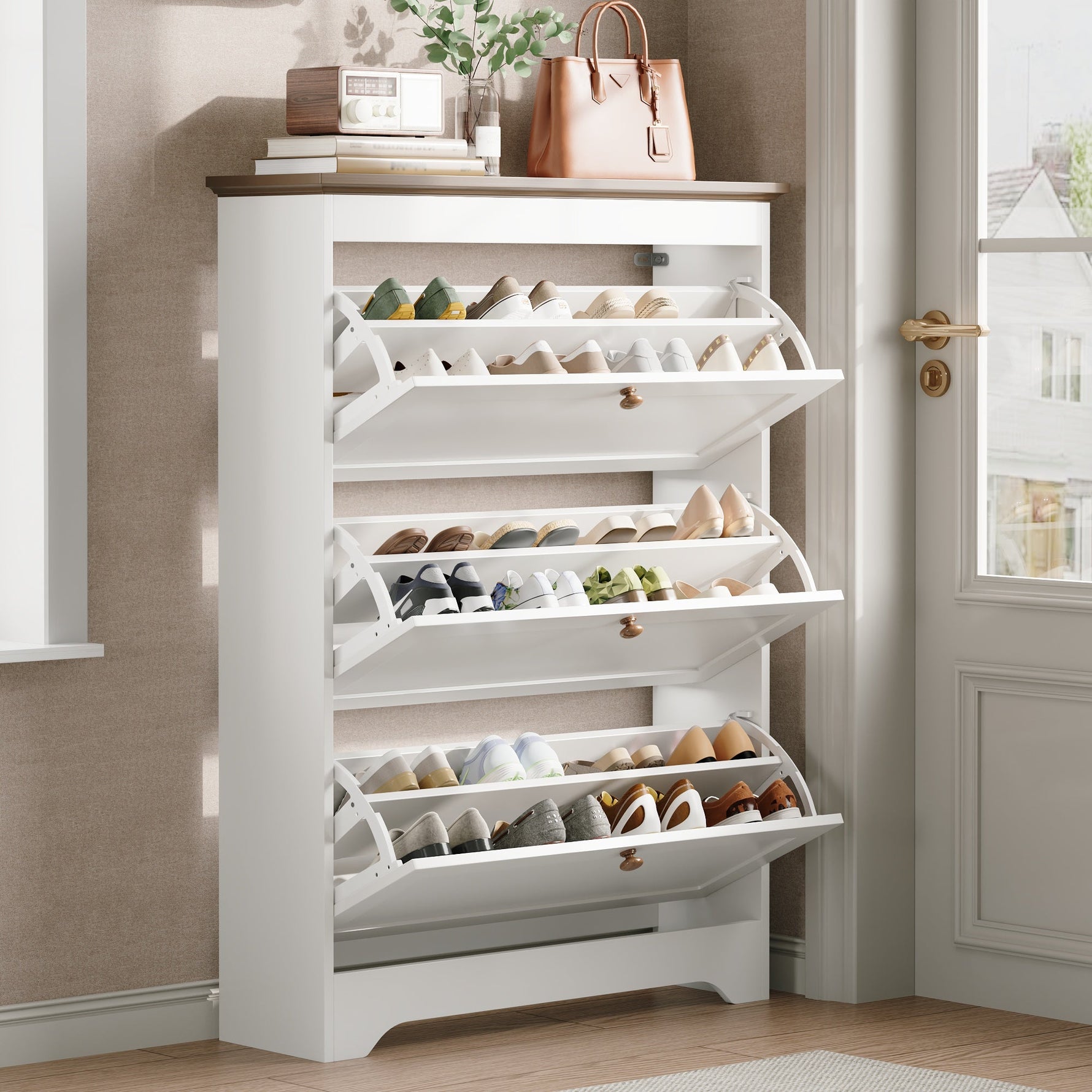 Shoe Cabinet with 3 Doors and Large Capacity, White Wood Look
