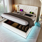 Upholstered Double Bed, Hydraulic Storage, USB-C, LED, White PU
