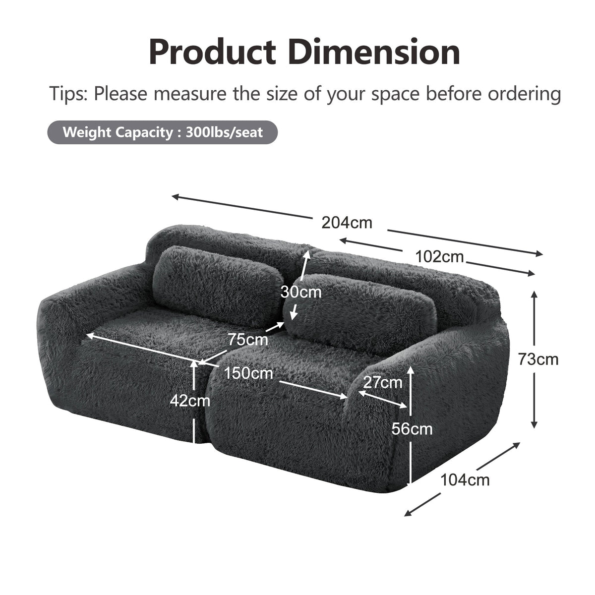 2-seater Sofa Frameless Modular Design Plush Fabric Grey