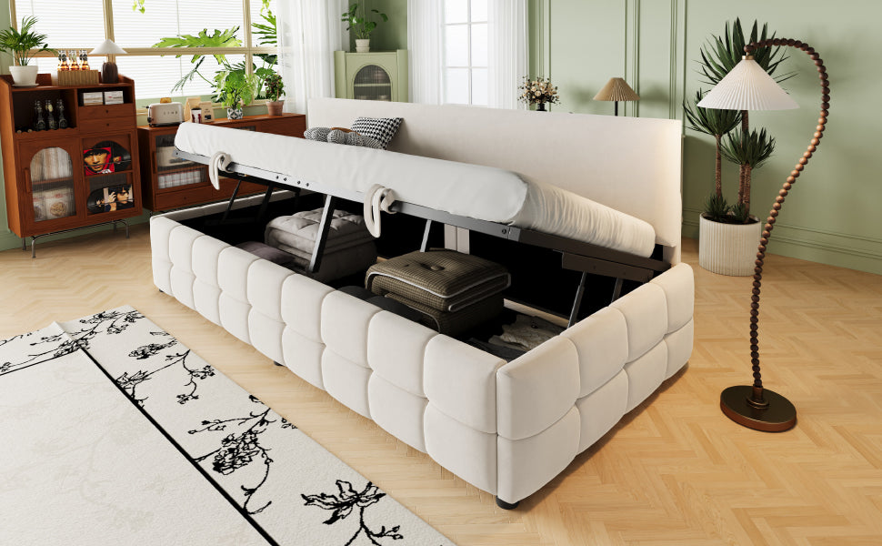 Upholstered Single Sofa Bed 90x200cm Hydraulic Storage Check Pattern - Beige Velvet
