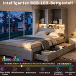 Multifunctional Wooden Bed 90x200cm, LED Storage Headboard, Grey