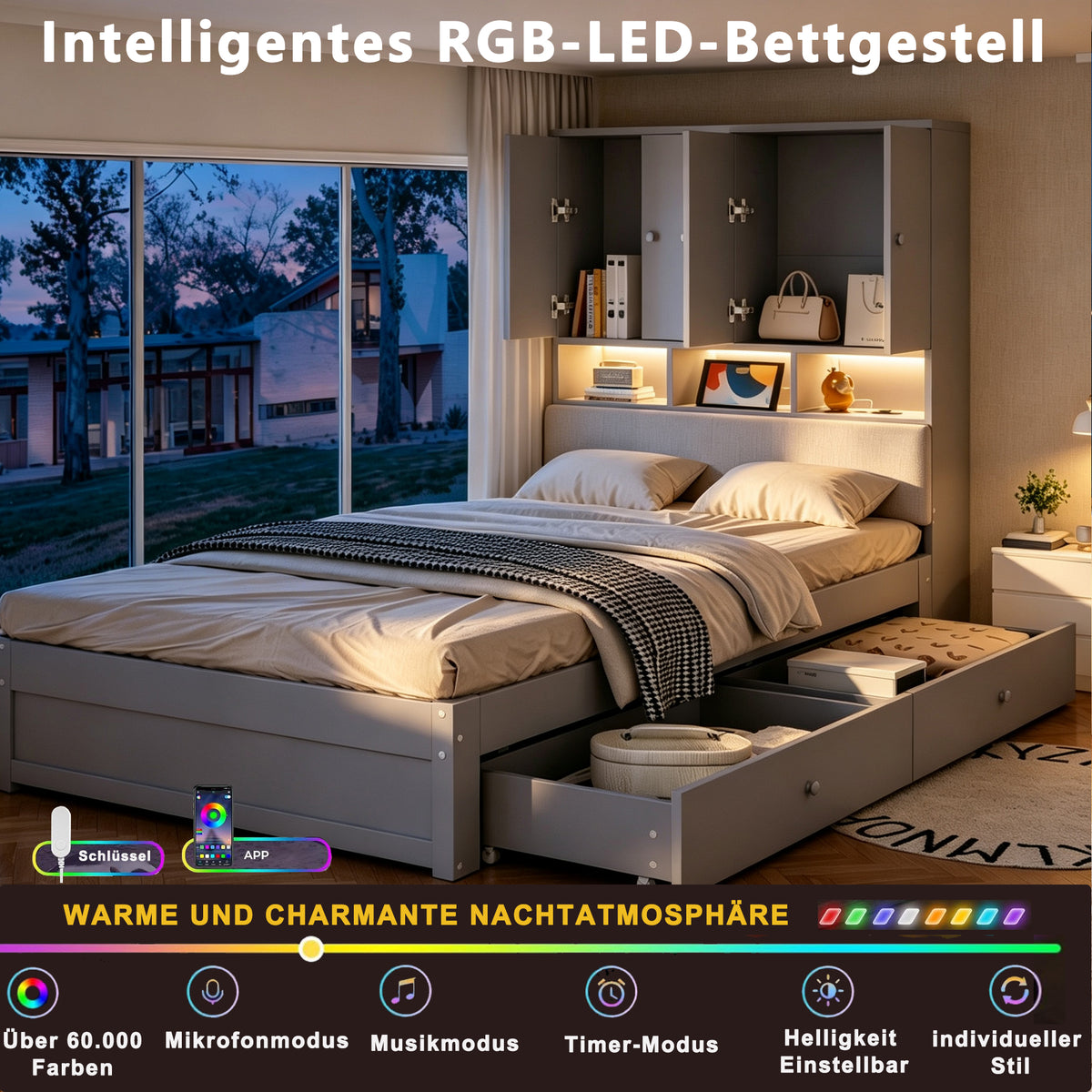 Multifunctional Wooden Bed 90x200cm, LED Storage Headboard, Grey
