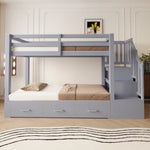 Bunk Bed with Pull-out Bed, Storage Ladder and Drawers, 90x200cm, Grey Wood