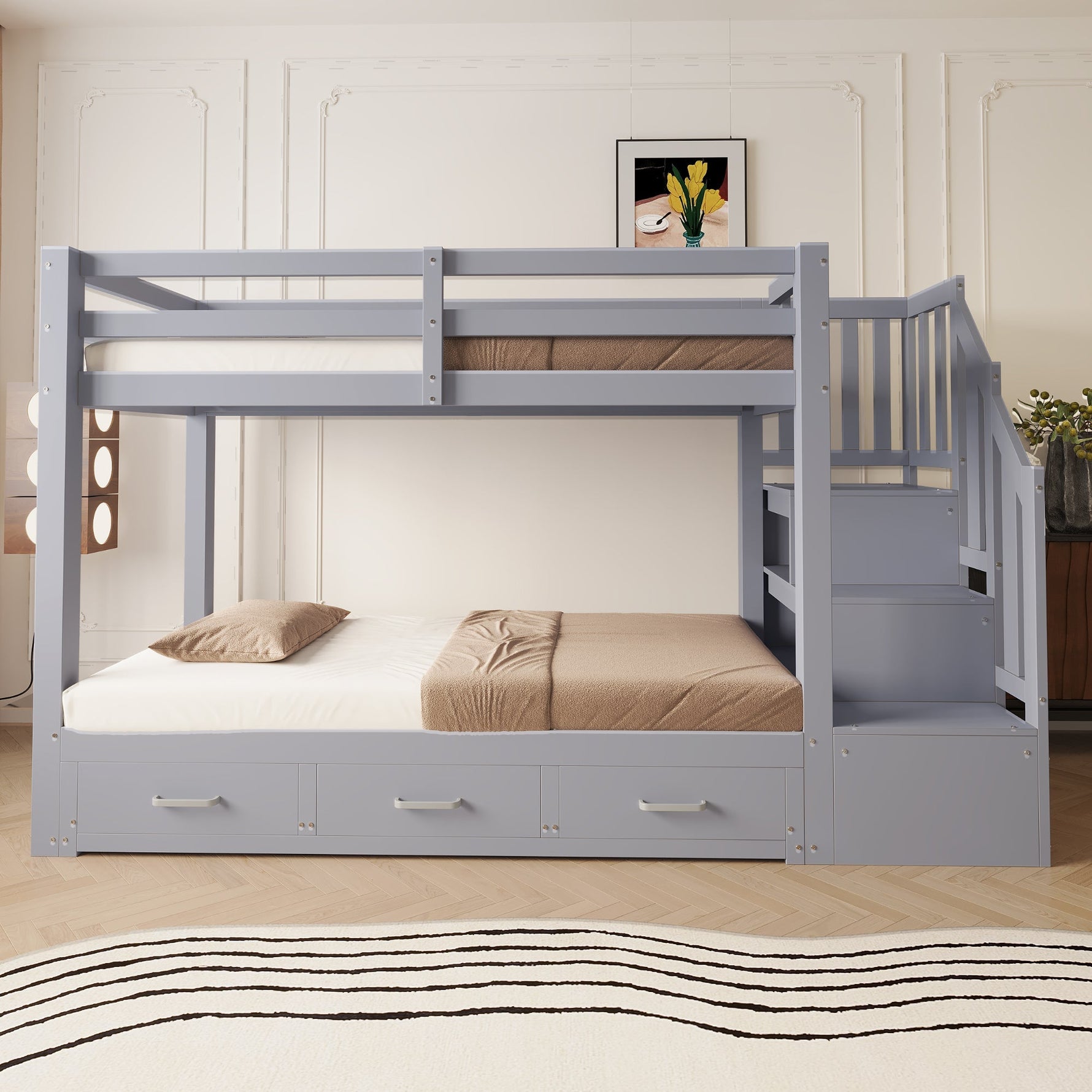 Bunk Bed with Pull-out Bed, Storage Ladder and Drawers, 90x200cm, Grey Wood