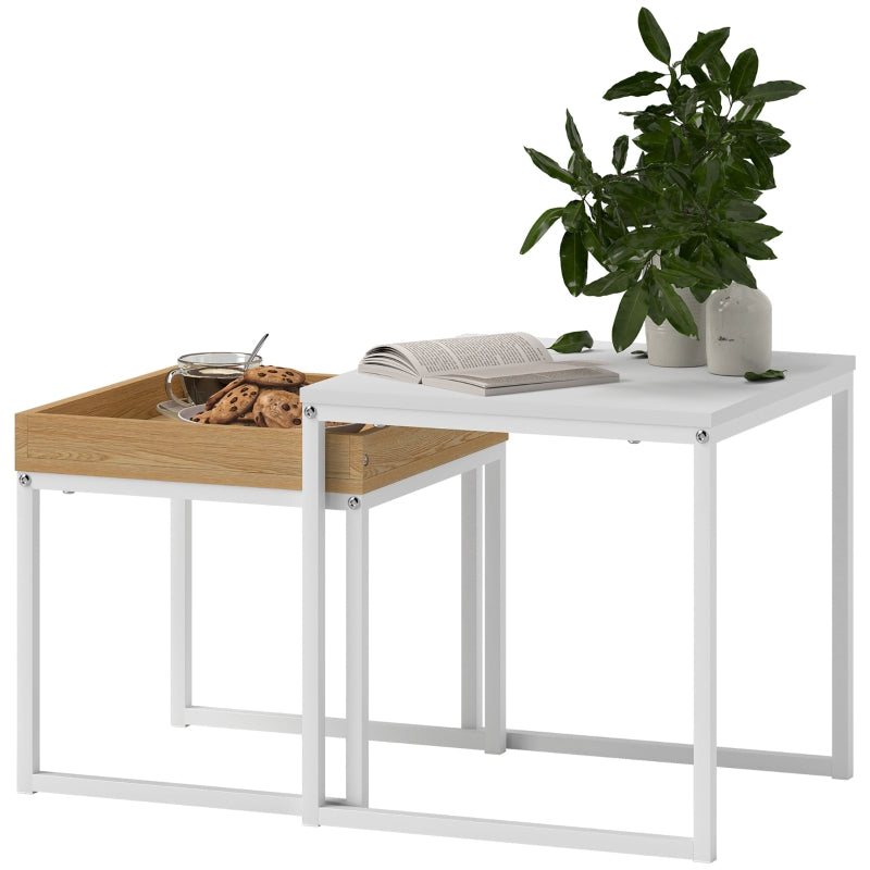 Coffee Table, Set of 2, Square, White MDF/Metal