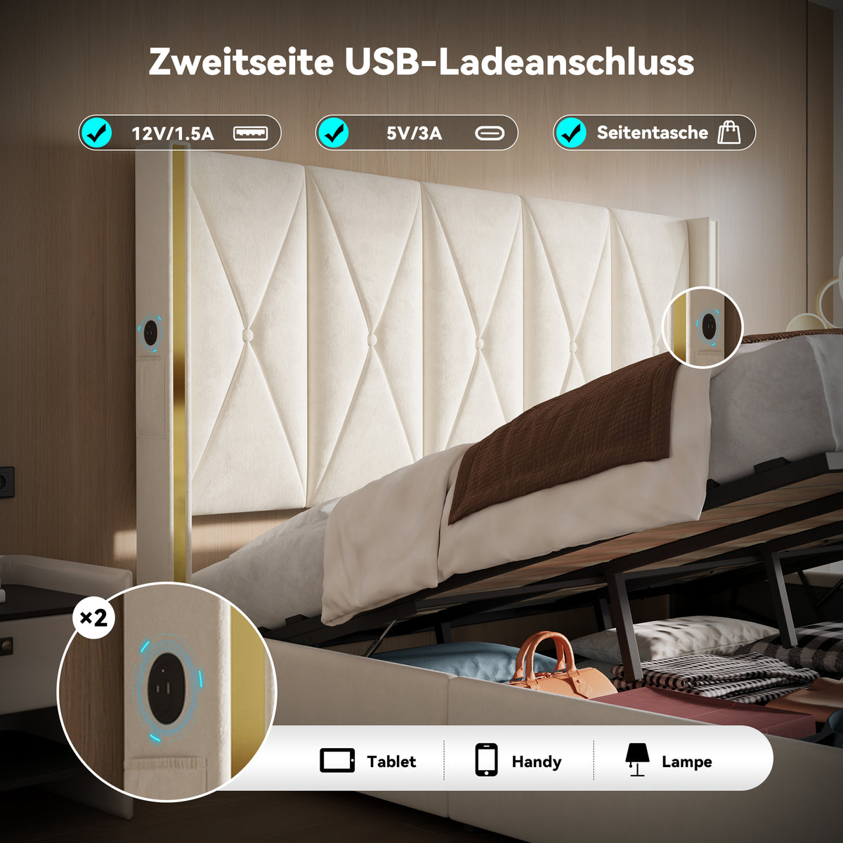 Storage Bed with LED, USB & Hydraulic Storage, 180x200cm, Velour