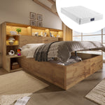 System Storage Bed 160x200 with Mattress, LED & USB-C, Oak Look