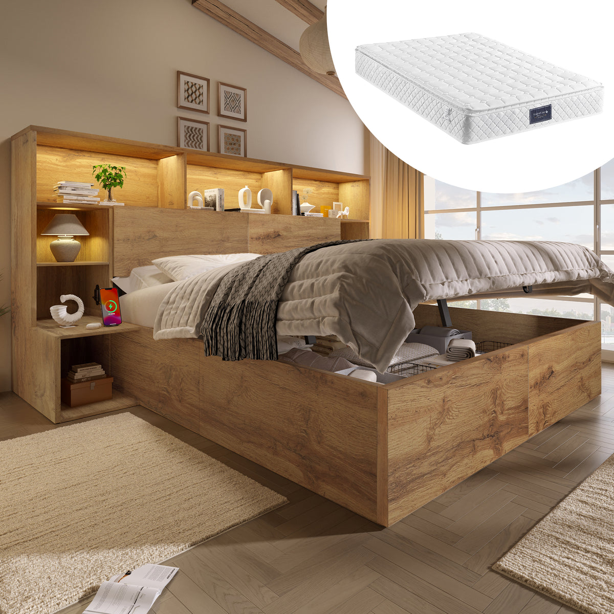 System Storage Bed 160x200 with Mattress, LED & USB-C, Oak Look
