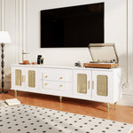 TV Cabinet, Retro Lowboard with Rattan Door & Gold Handles, Metal Legs