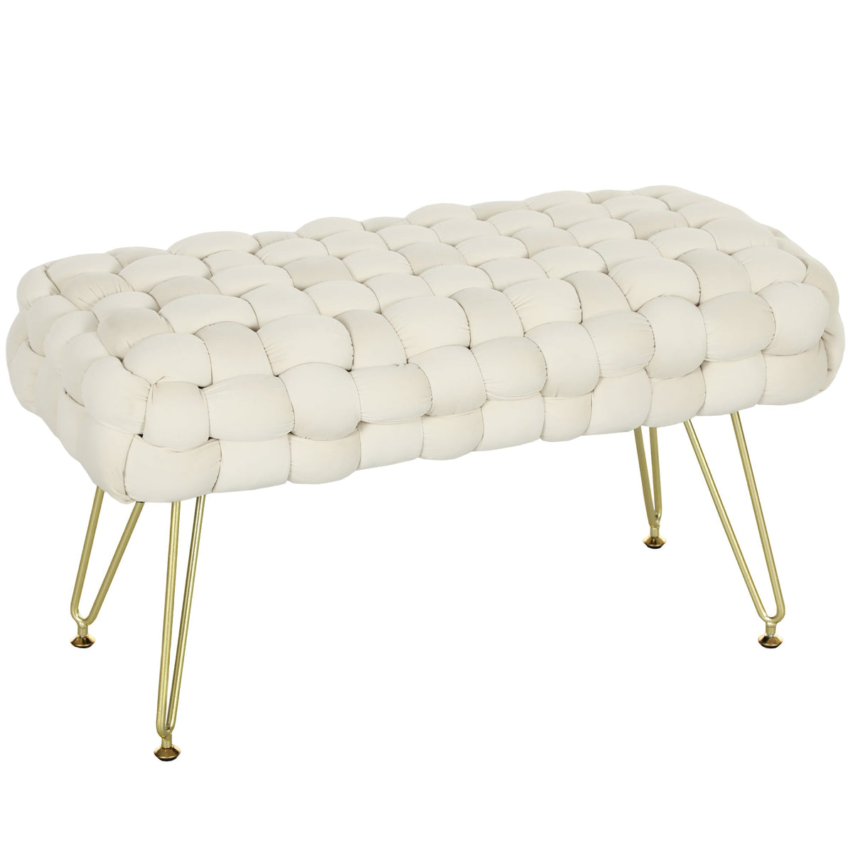 Footstool with Padded Seat, Metal Legs, Cream White Velvet