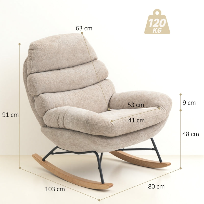 Rocking Chair, Upholstered with Steel Legs and Wooden Runners, Cream White