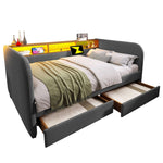 Upholstered Daybed with LED, USB-C and 2 Drawers, 140x190cm, Grey Linen