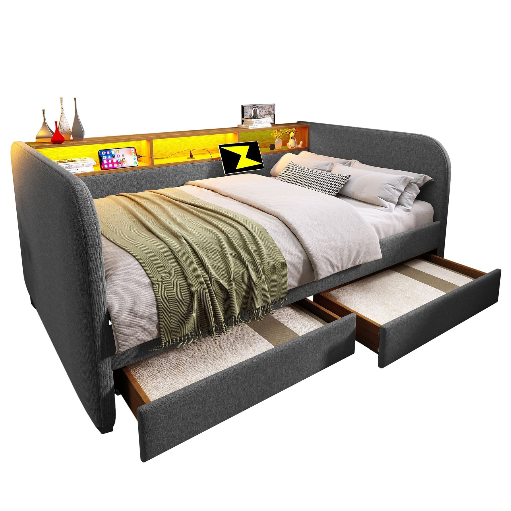 Upholstered Daybed with LED, USB-C and 2 Drawers, 140x190cm, Grey Linen