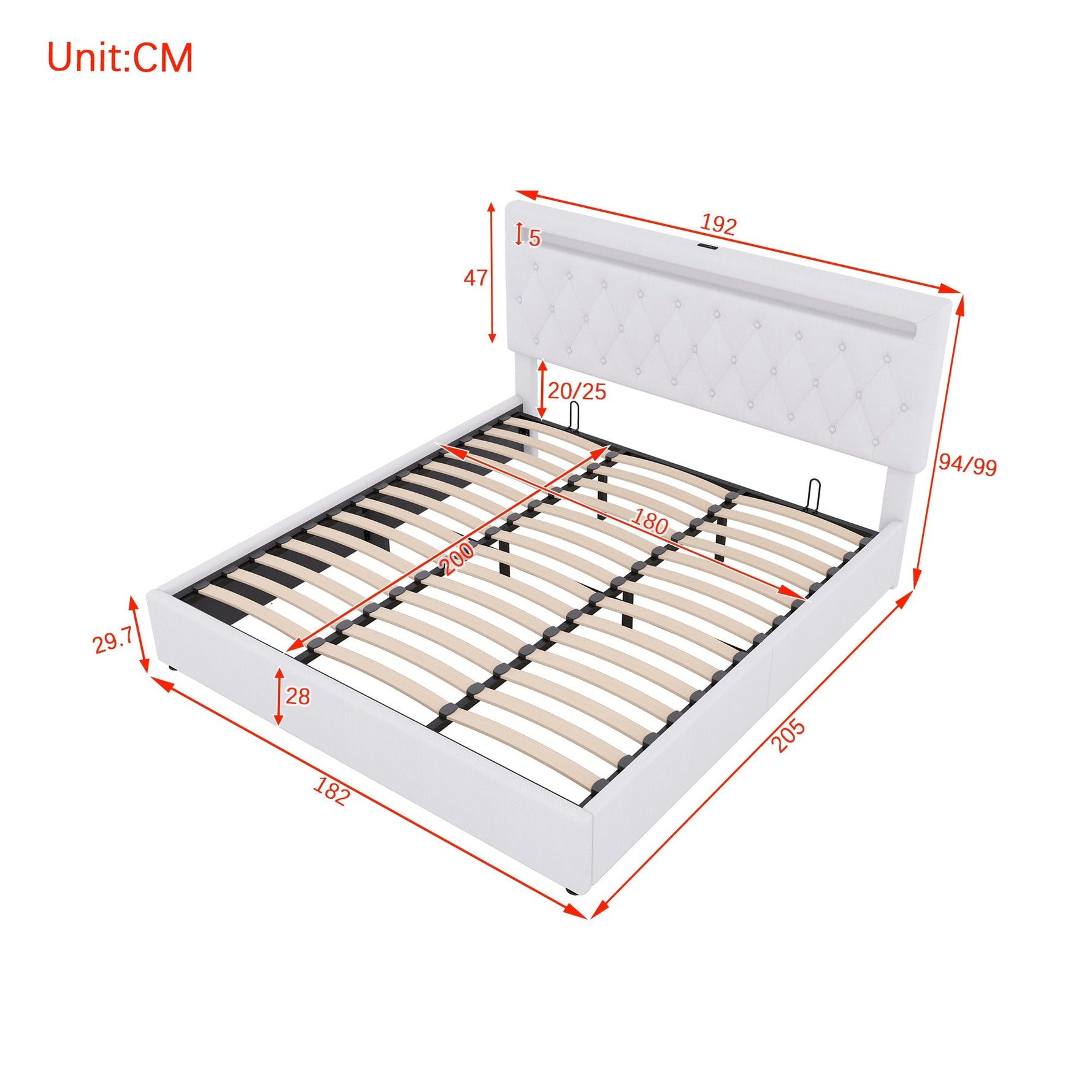 Upholstered Bed 180x200cm Hydraulic Storage LED USB - White