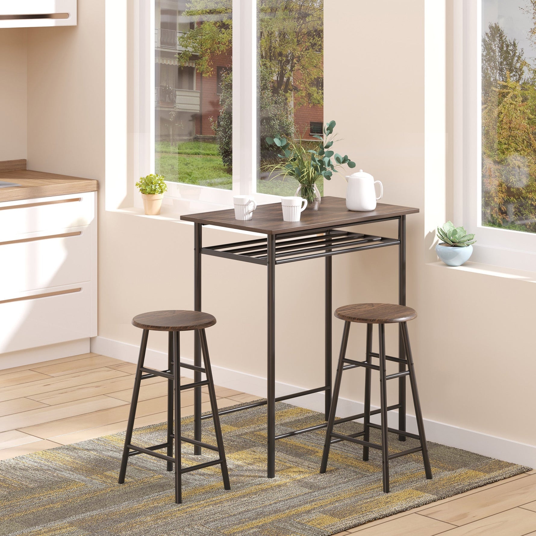 Bar Table Set, 3-Piece Dining Table with 2 Bar Stools, Storage Shelf, Metal Black