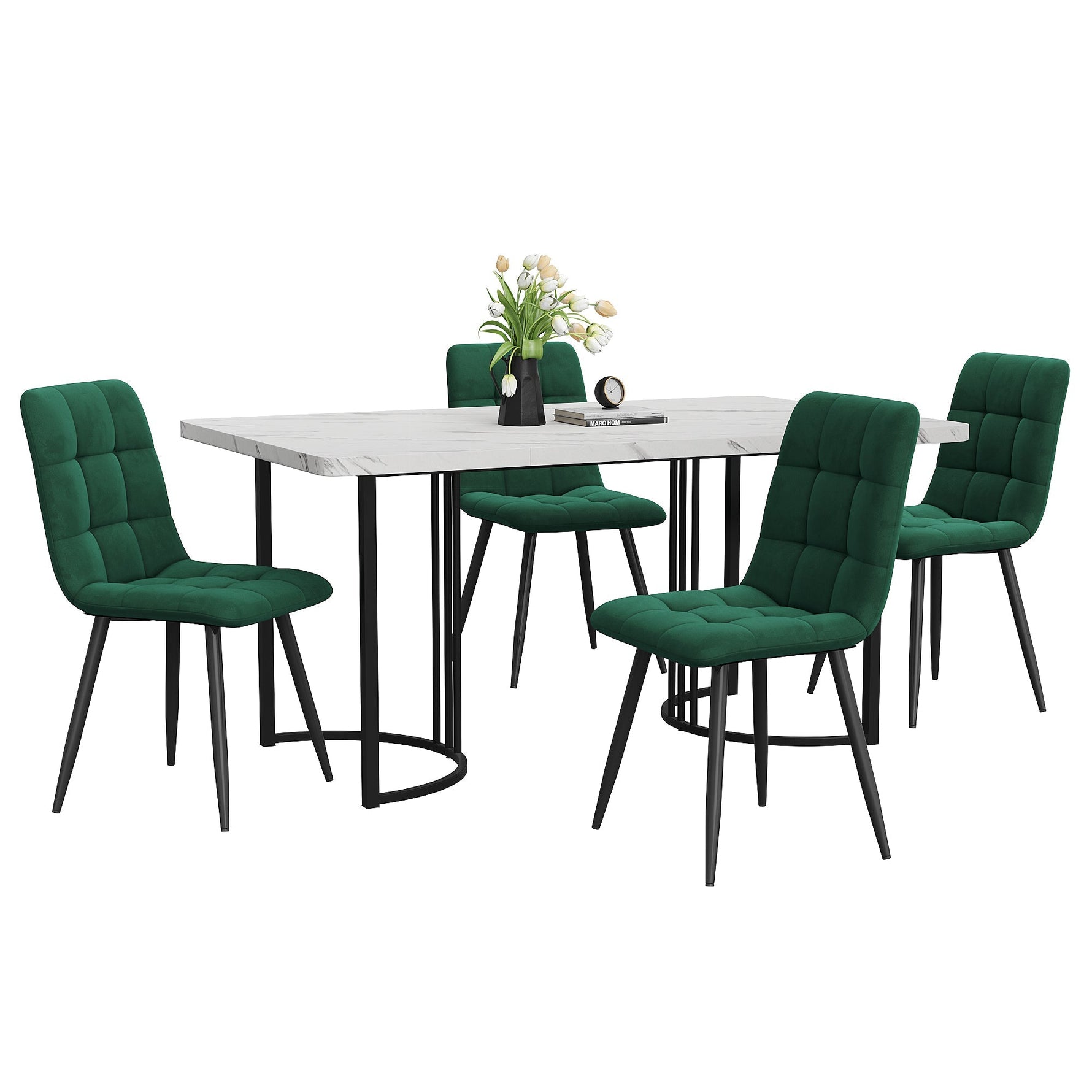 Dining Set 5-Piece 140x80cm Table White MDF Black Metal Legs Dark Green Velvet