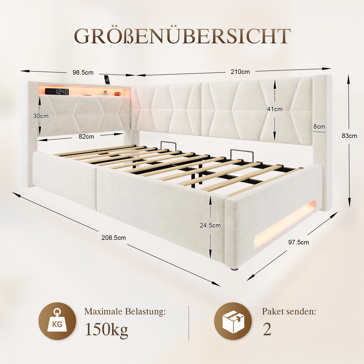 Upholstered Bed 90x200 with Storage & LED Lighting, Beige Velvet
