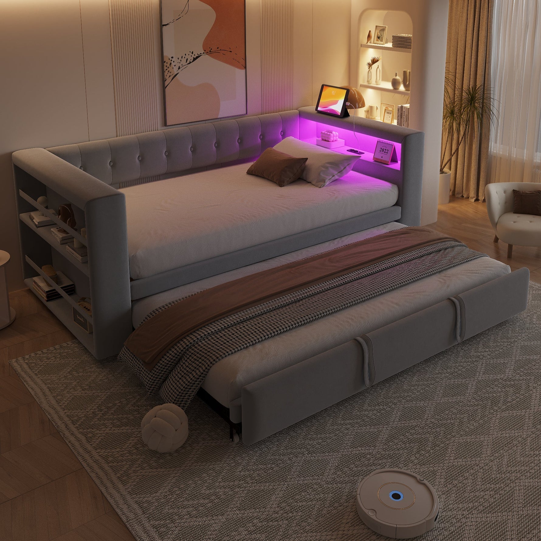 Upholstered Bed, Multifunctional Sofa Bed 90/180×190 cm, LED, Storage, Light Grey